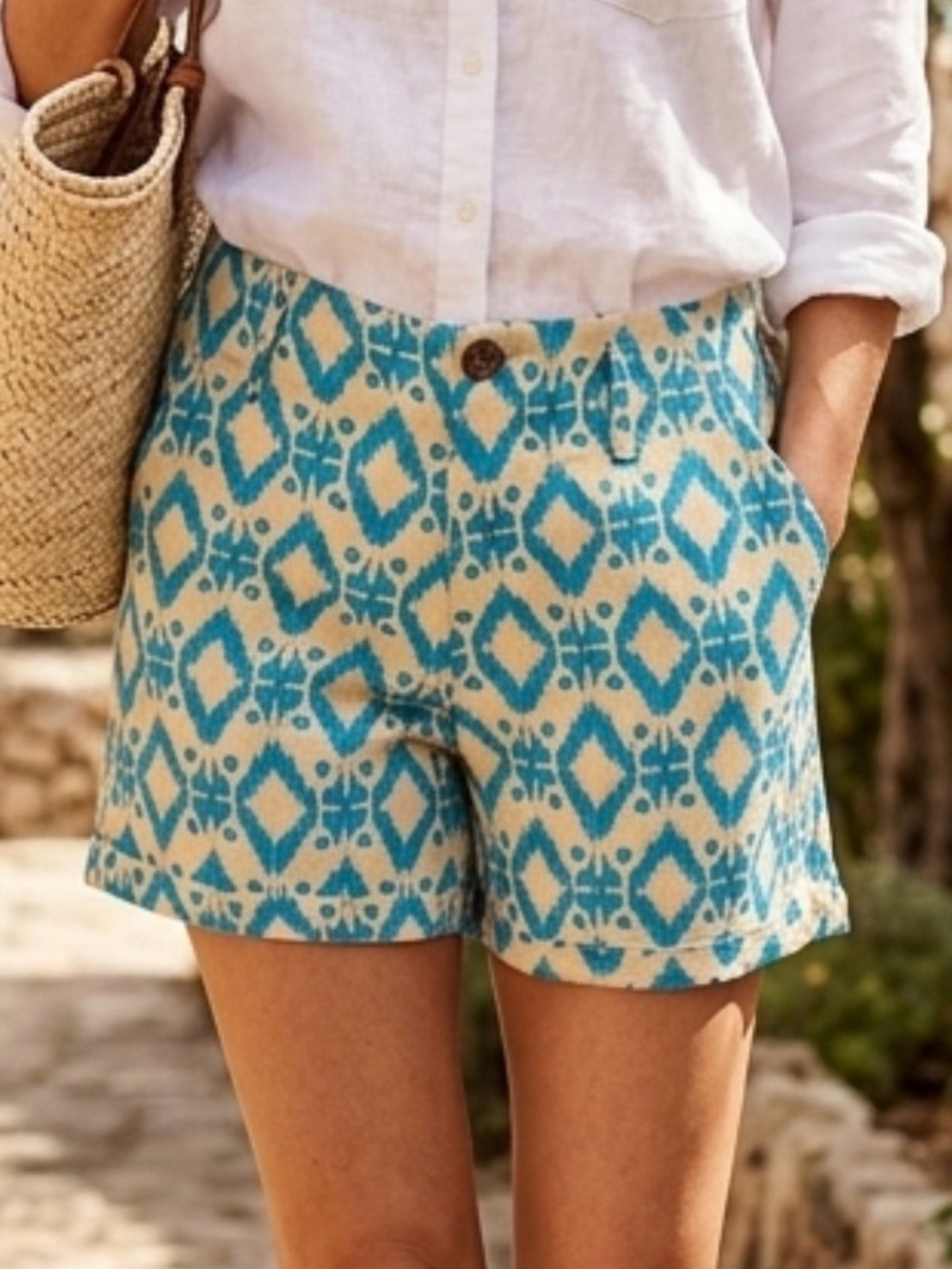 Linen Blend Shorts Geometric design in Teal & Light Tan. Sz-4.   L13
